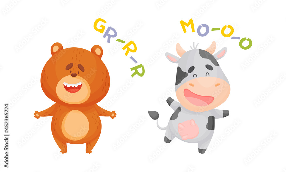 Cute baby animals making sounds set. Bear and cow saying grrr and moo vector illustration Cute baby animals making sounds set. Bear and cow saying grrr and moo vector illustration