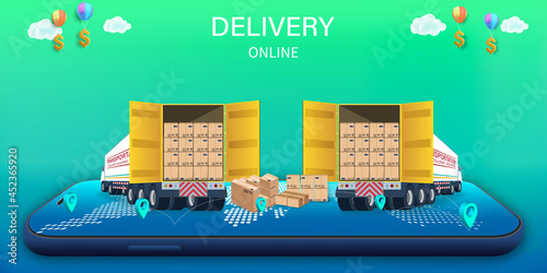 Logistics Online delivery service, online order tracking,Delivery home and office. City logistics. Warehouse, truck, forklift, courier. vector illustration.