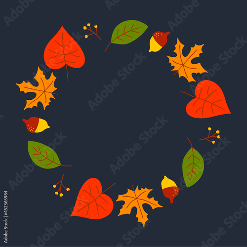 Vector wreath of autumn leaves and fruit in watercolor style. Beautiful round wreath of yellow and red leaves  acorns  berries  cones and branches. Decor for invitations  greeting cards  posters.