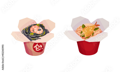 Asian food noodle open box with noodles and seafood set. Traditional chinese, japan and thai cuisine dishes vector illustration
