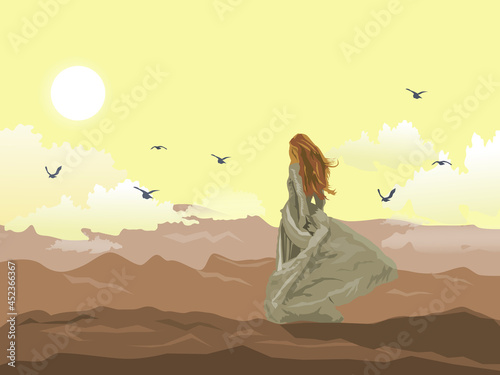 A woman in a white long skirt stands on top of a hill with mountains and a yellow sky in the background.