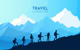 Sports team climb a mountain. Cooperation. Travel concept of discovering, exploring, observing nature. Hiking tourism. Adventure. Minimalist graphic flyers. Polygonal flat design. Vector illustration