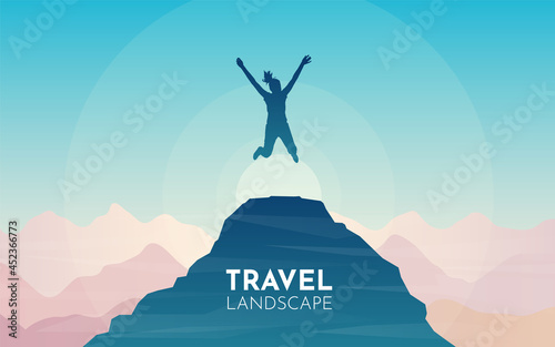 Girl jumping on top of the mountain. Travel concept of discovering, exploring and observing nature. Hiking tourism. Adventure. Minimalist graphic flyers. Polygonal flat design. Vector illustration. © Yurii