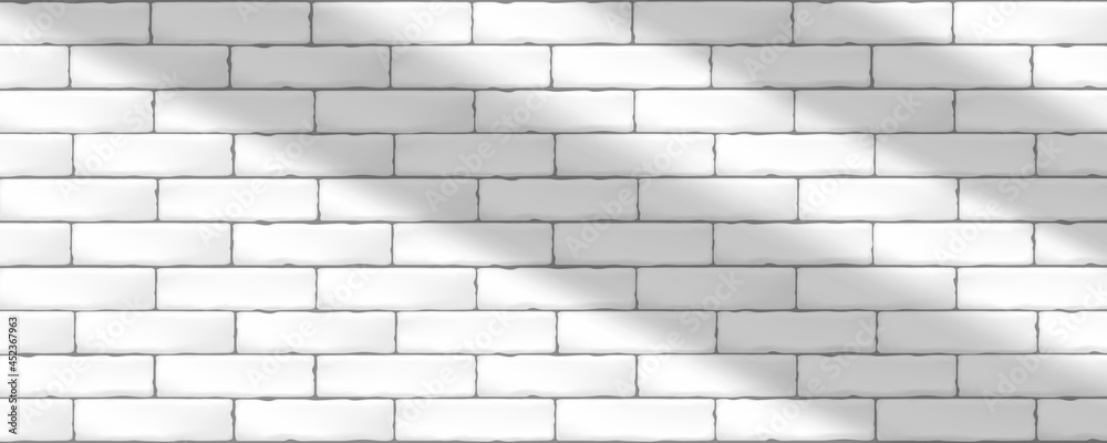Naklejka premium White rustic brick wall tiles. Modern seamless pattern, white brick wall tiles with shadow over the wall. Vector illustration.