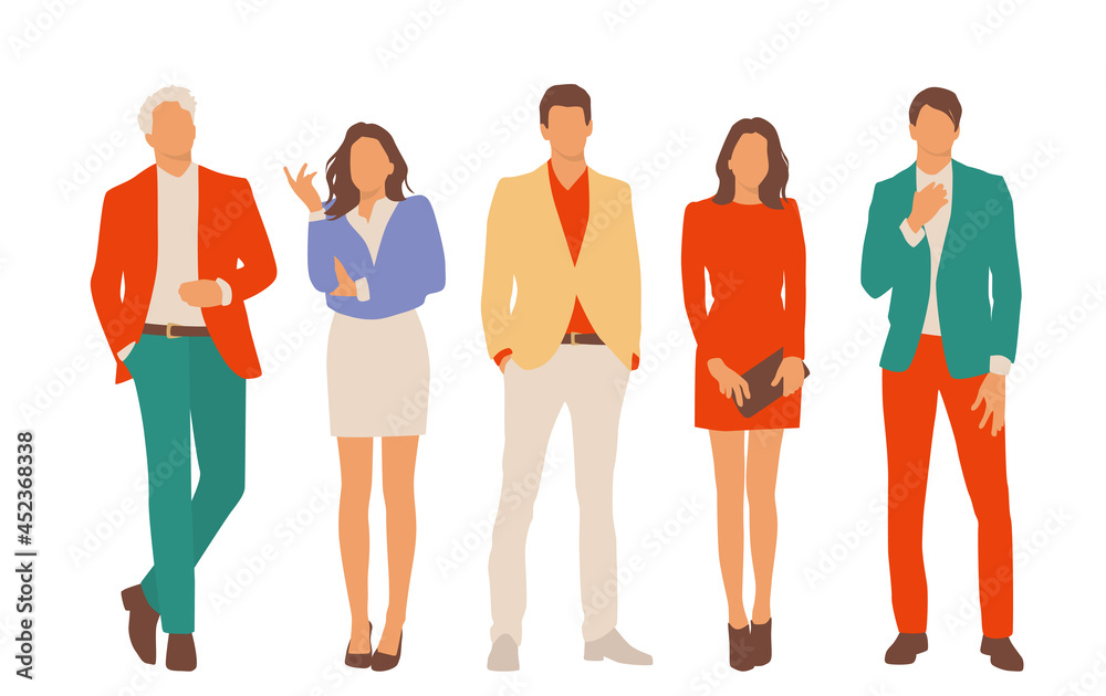 Obraz premium Set of young men and women, different colors, cartoon character, group of silhouettes of standing business people, students, the design concept of flat icon, isolated on white background