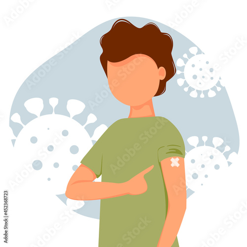 Child pointing his finger at the vaccinated hand. The concept of health, the spread of the vaccine, healthcare, call of fight against coronavirus. Colorful vector illustration in flat style.