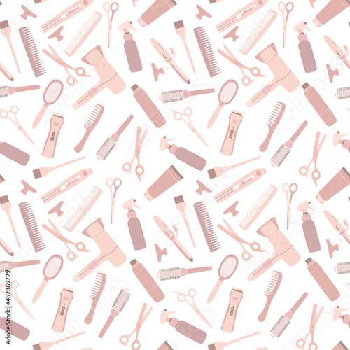 Seamless pattern with hairdressing tools, hair dryer, scissors, combs. Accessories for hairdressers in beige pastel color. Flat vector illustration for textiles and design