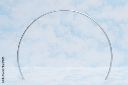 3d render of a silver ring arch with a cloudy sky scene background