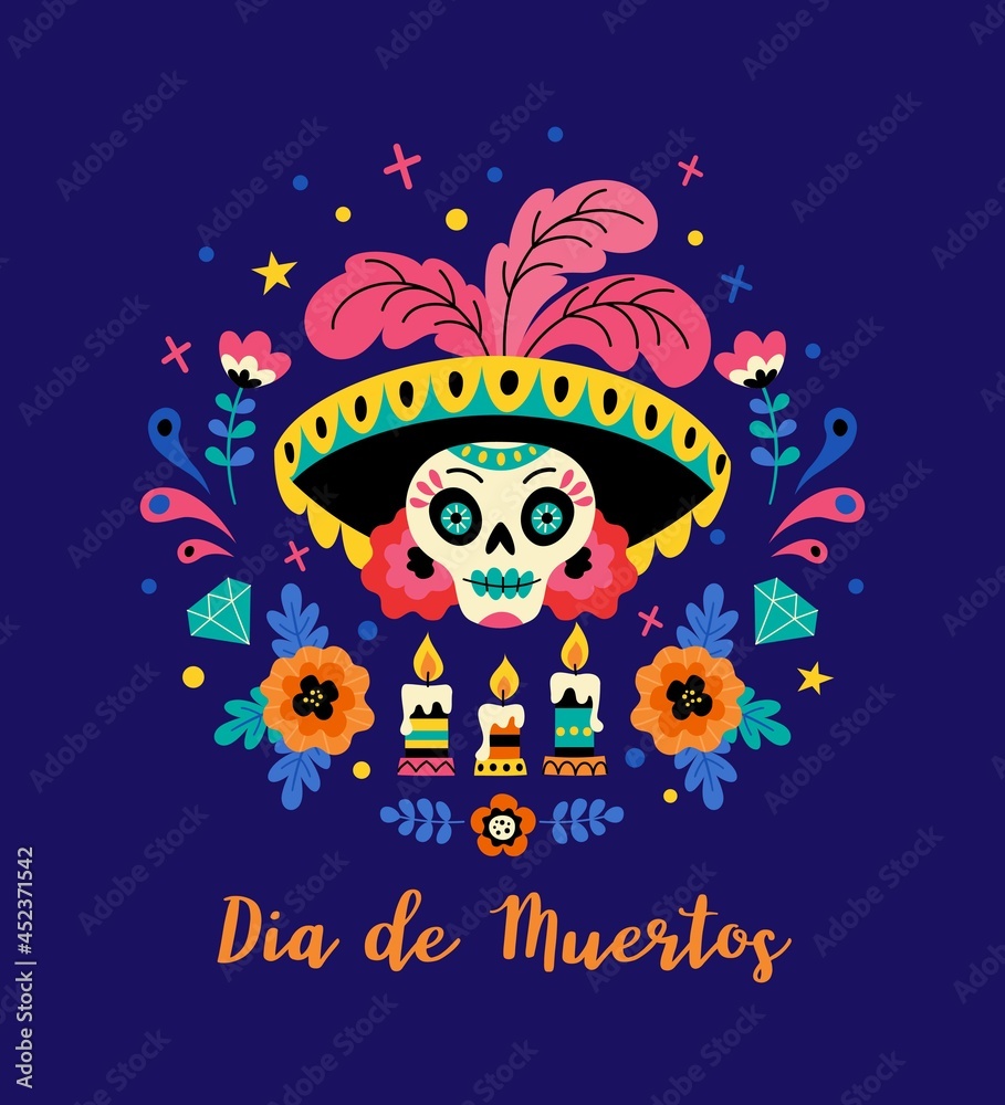 Dia de los Muertos concept. Vector flat cartoon illustration with Catrina sugar festive skull in hat with feathers, flowers and candles, isolated on dark blue background