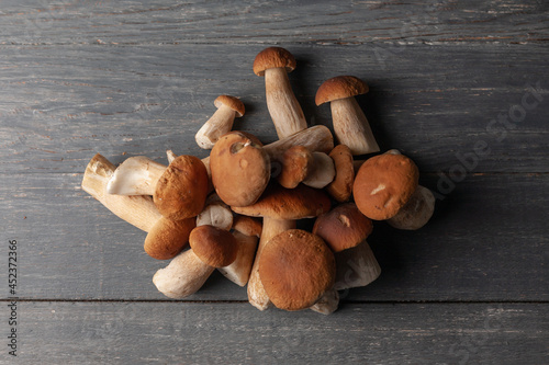 Group of porcini or white mushrooms on wooden table. Flat lay. Top view.