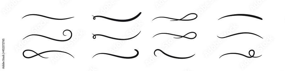 Hand drawn collection of curly swishes, swashes, swoops. Calligraphy swirl. Highlight text elements.