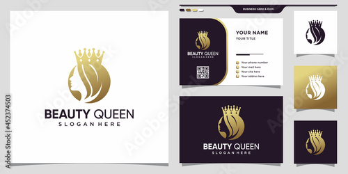 Beauty queen logo with woman face negative space concept and business card Premium Vector