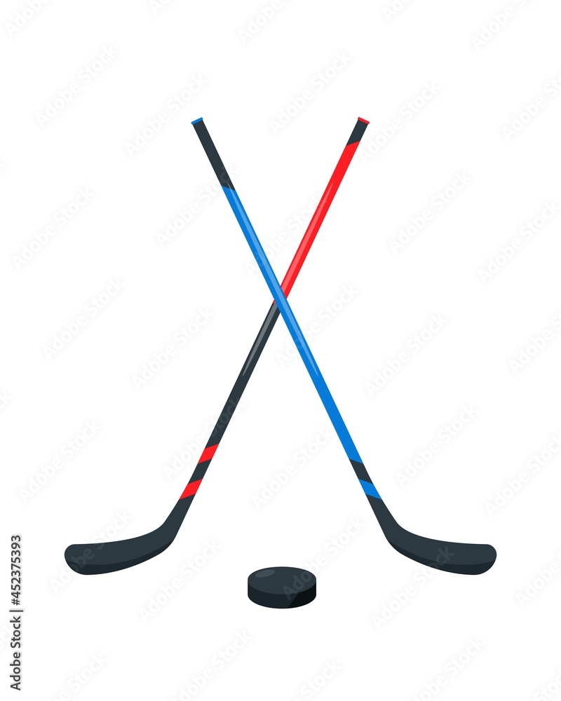Hockey Sticks and black puck. Sport equipment. Hockey Sticks and black puck. Sport equipment.