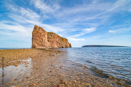 Close up on the famous Percé rock at low tide, Percé town, Gaspesie peninsula, Qc, Canada