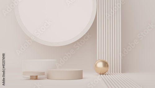 Abstract display podium with minimal geometric shapes design. 3d  rendering scene for mock up and product presentation. Pedestal platform for cosmetic advertise.