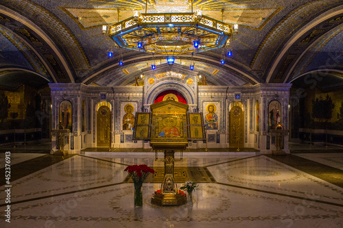 multi-colored richly decorated interior of the main temple of the Russian Armed Forces with mosaics  frescoes and inlays in Kubinka Moscow Region