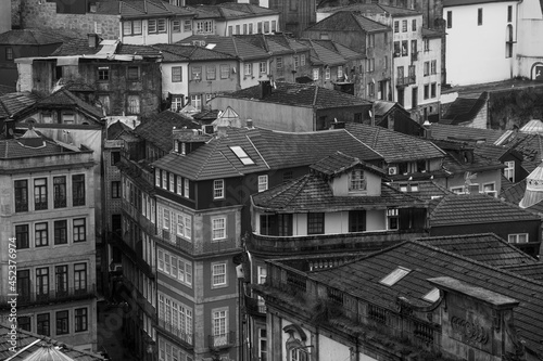 View of the houses of the old center of Porto, Portugal. Black and white photo.