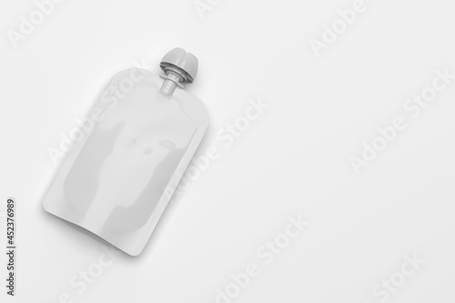 White empty plastic pouch for baby food mock-up isolated on white. 3d rendering.