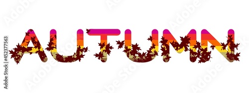 Autumn lettering on white. Colorful text with silhouettes of maple leaves. Seasonal botanical background. Autumn leaf fall vector concept.
