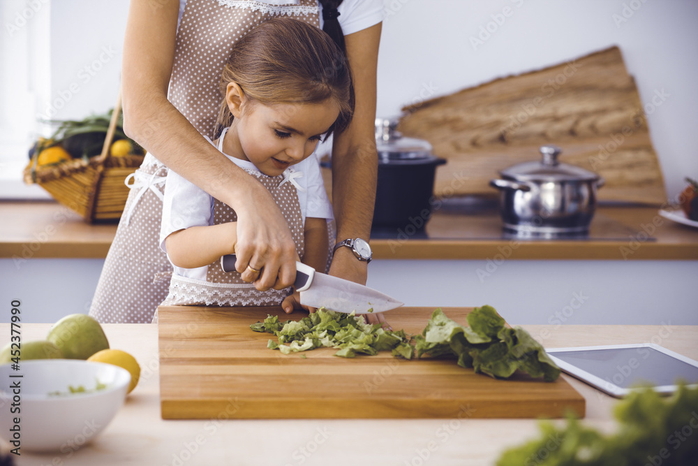 Happy woman and her daughter making healthy vegan salad and snacks for family feasting. Christmas, New year, Thanksgiving, Anniversary, Mothers Day. Healthy meal cooking concept Happy woman and her daughter making healthy vegan salad and snacks for family feasting. Christmas, New year, Thanksgiving, Anniversary, Mothers Day. Healthy meal cooking concept