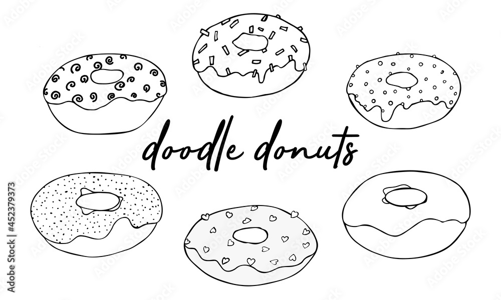 set Donut Doodles. vector illustration. drawing line donuts. Sketch of delicious donuts. Sweet desserts