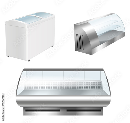 Empty refrigerator display showcases set. Realistic fridges for supermarket grocery products storage