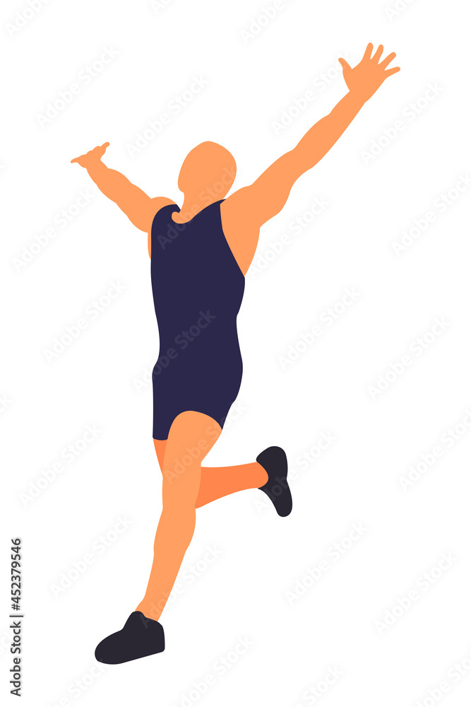 The winning athlete in a blue suit runs with his hands raised up isolated on a white. Illustration The winning athlete in a blue suit runs with his hands raised up isolated on a white. Illustration