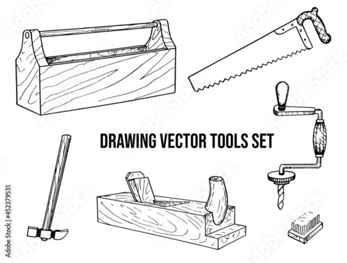 Drawing tools set. Vector illustration. Set of Tool icons. Hand drawn doodle Sketch line tools. Workshop retro vintage logo. Carpentry, woodworkers, sawmill, lumberjack tools