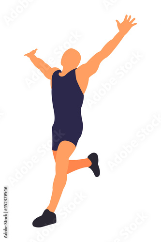 The winning athlete in a blue suit runs with his hands raised up isolated on a white. Illustration