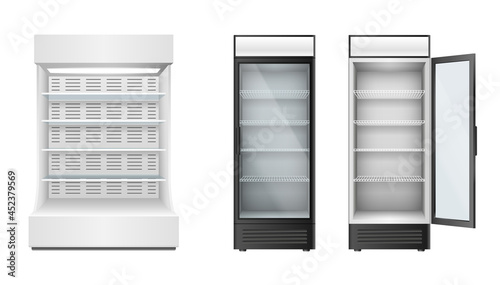 Set of fridges for supermarket or grocery store with glass door and selves for storage and display