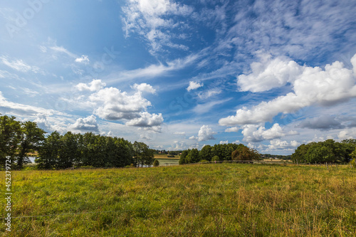 Beautiful landscape view on summer day on blue sky with white clouds background. Sweden.