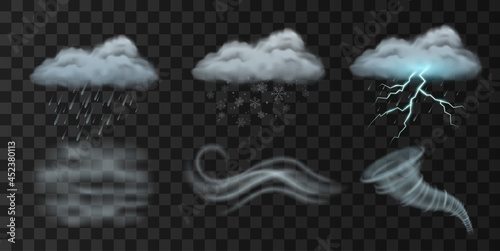 Realistic weather icons with rain, cloud, snowfall, thunder, lightning, wind, fog and tornado