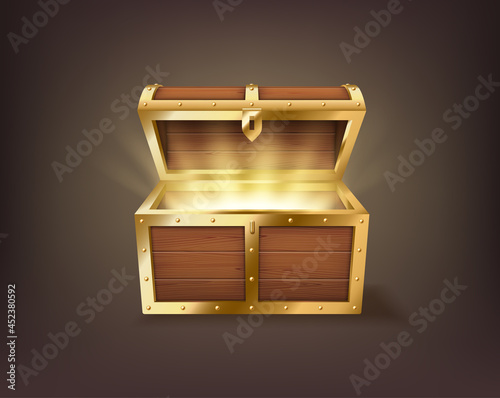 Realistic open chest, vintage old treasure wooden box, pirate dover with golden glowing inside