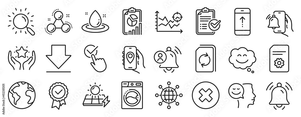 Set of Technology icons, such as Solar panels, Close button, Chemistry molecule icons. Notification bell, Swipe up, Update document signs. Alarm clock, Washing machine, Downloading. Report. Vector Set of Technology icons, such as Solar panels, Close button, Chemistry molecule icons. Notification bell, Swipe up, Update document signs. Alarm clock, Washing machine, Downloading. Report. Vector