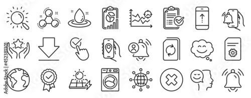 Set of Technology icons  such as Solar panels  Close button  Chemistry molecule icons. Notification bell  Swipe up  Update document signs. Alarm clock  Washing machine  Downloading. Report. Vector