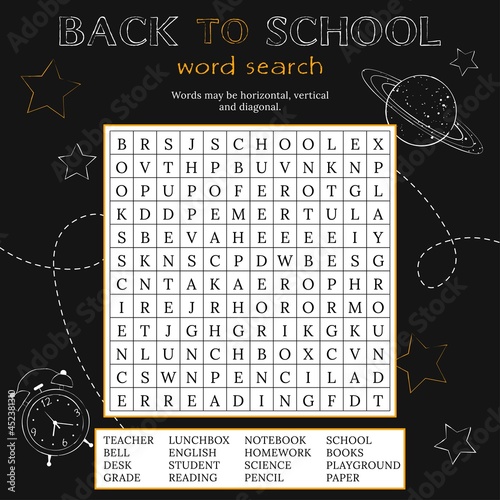 Back to school word search puzzle.Printable educational game. Uducational crossword for learning English words. Vector illustration