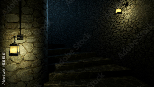 Scary dungeon spiral staircase with stone walls and old lamps. 3d rendering