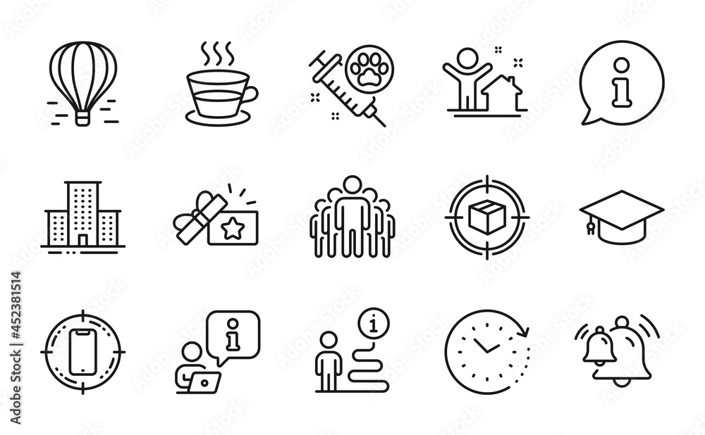 Business icons set. Included icon as Graduation cap, Time change, Loyalty gift signs. Coffee cup, Parcel tracking, University campus symbols. New house, Group, Dog vaccination. Air balloon. Vector