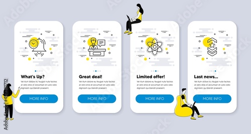 Set of Business icons, such as Chemistry atom, Time management, Exhibitors icons. UI phone app screens with people. Shoulder strap line symbols. Vector