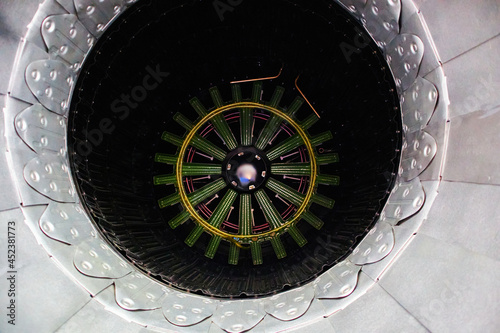 The insides of the rocket engine at the exhibition. photo