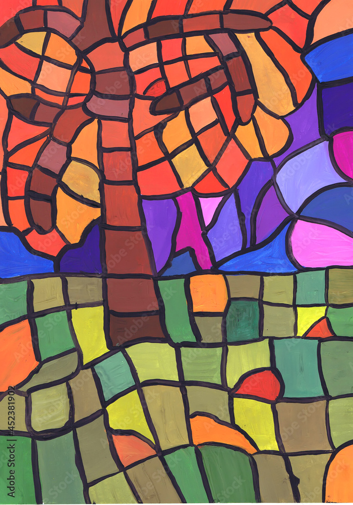 Fragment of an autumn abstract tree. Stained glass sketch. Child's drawing