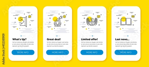 Vector set of Brand ambassador, Laureate award and Exit line icons set. UI phone app screens with line icons. Book icon. Megaphone, Prize, Escape. E-learning course. Phone UI banners. Vector
