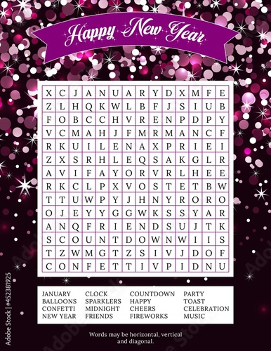 Happy New Year word search puzzle.16 Winter holiday themed words to find.  Printable  game. Party card.  Vector illustration