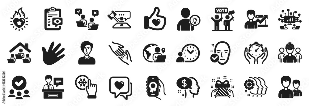 Set of People icons, such as Judge hammer, Like hand, Engineering team icons. Businesswoman person, Timer, Hand signs. Work home, Exhibitors, Heart flame. User idea, Approved group, Pay. Vector
