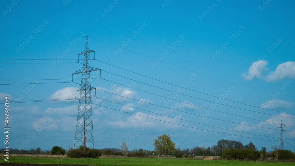 Power line pole, electrical Pylon, blue sky, clouds