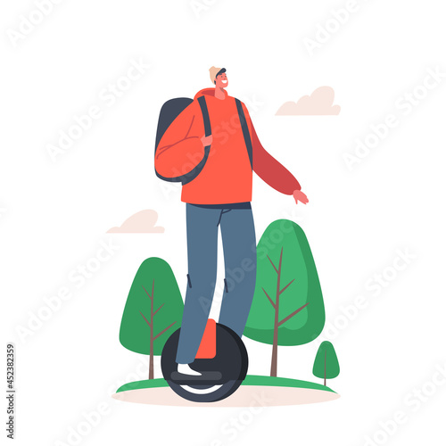 Teen Cyclist Riding Unicycle Outdoors in Summer Day. Active Sport Life and Healthy Lifestyle Activity, Ecology Transport