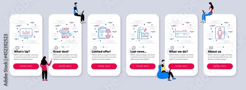 Vector Set of Business icons related to Dumbbell, Electricity factory and Column diagram icons. UI phone app screens with teamwork. Cashback card, Music making and Elevator line symbols. Vector