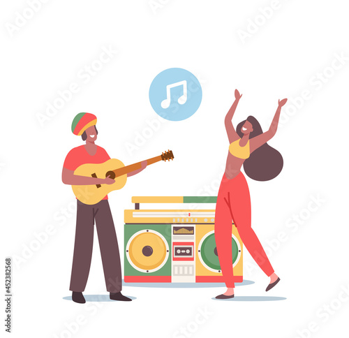 Reggae Party, Rasta People Having Fun, Music Festival. Hippie Male and Female Characters in Jamaica Costumes Dance