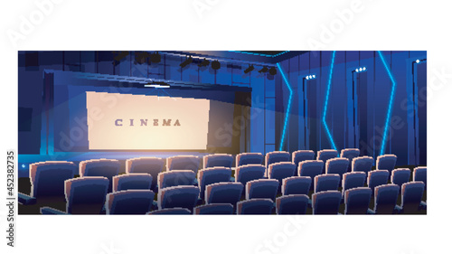 Cinema landing page. Movie concert hall with rows of armchairs and luminous screen interior. Film and cinematography, entertainment and leisure web banner background. Cartoon vector illustration.