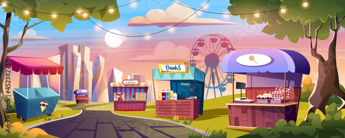 Food market and amusement park landing page. Market stalls with ice cream, sweets, drinks, meat products, other. Ferris wheel in city park and shops web banner background. Cartoon vector illustration.